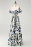 Floral azul babado fora do ombro um vestido de dama de honra linha