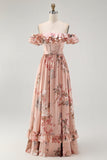 Blush Floral Off The Shoulder Uma Linha Vestido de Madrinha babado