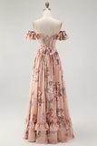 Blush Floral Off The Shoulder Uma Linha Vestido de Madrinha babado