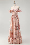 Blush Floral Off The Shoulder Uma Linha Vestido de Madrinha babado
