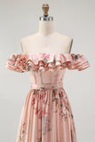 Blush Floral Off The Shoulder Uma Linha Vestido de Madrinha babado