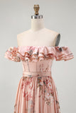 Blush Floral Off The Shoulder Uma Linha Vestido de Madrinha babado