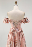 Blush Floral Off The Shoulder Uma Linha Vestido de Madrinha babado