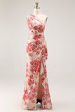 Champagne Floral Um Ombro Bainha Vestido de Noiva com Fenda