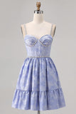 Esparguete Azul Correias Brocade Frisado Uma Linha Homecoming Dress