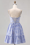 Esparguete Azul Correias Brocade Frisado Uma Linha Homecoming Dress