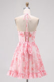 Rosa Floral Uma Linha V Pescoço Halter Corset Homecoming Dress com Renda Up Back