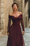 Vestido Comprido Sem Alças em Linha-A cor Cabernet para Mãe da Noiva