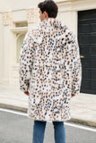 Leopardo Branco Notched Lapela Long Faux Fur Winter Men's Coat