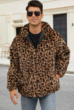 Café Leopard Faux Fur Homens Casaco de inverno com Bolsos