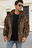 Café Leopard Faux Fur Homens Casaco de inverno com Bolsos