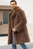 Brown Faux Fur Notched Lapela Long Men's Winter Coat