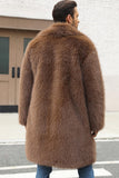 Brown Faux Fur Notched Lapela Long Men's Winter Coat