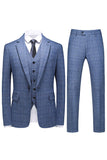 Homens Azul Escuro Plaid Notched Lapela 3 Peças Prom Suits