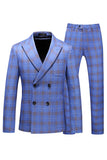 Blue Plaid Pico Lapela 2 Peças Prom Suits