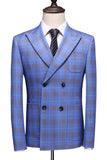 Blue Plaid Pico Lapela 2 Peças Prom Suits