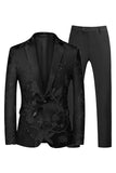 Azul e Preto Notched Lapela Jacquard 2 Peças Homens Prom Suits