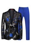 Azul e Preto Notched Lapela Jacquard 2 Peças Homens Prom Suits