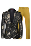 Azul e Preto Notched Lapela Jacquard 2 Peças Homens Prom Suits