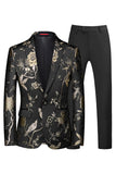 Azul e Preto Notched Lapela Jacquard 2 Peças Homens Prom Suits