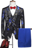 Lapela Azul Notched 3 Peça Jacquard Fatos de Baile de Formatura Masculino