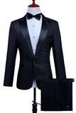 2 Piece Pico Lapela Um Botão Terno Masculino Preto com Missangas
