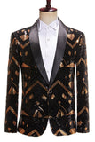 Preto e Dourado Lantejoulas Xale Lapela Masculino Prom Blazer