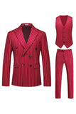 Red Striped Pico Lapela 3-Piece Homens Ternos