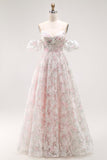 Ombro frio Blush flor estampada uma linha longo vestido de baile