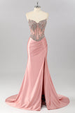 Blush Sereia Espartilho Sem Alças, Vestido de Baile Longo de Cetim com Strass