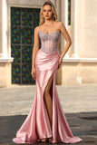 Blush Sereia Espartilho Sem Alças, Vestido de Baile Longo de Cetim com Strass