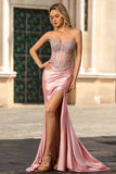 Blush Sereia Espartilho Sem Alças, Vestido de Baile Longo de Cetim com Strass