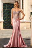 Blush Sereia Espartilho Sem Alças, Vestido de Baile Longo de Cetim com Strass