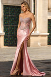 Blush Sereia Espartilho Sem Alças, Vestido de Baile Longo de Cetim com Strass