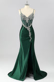 Vestido longo de baile de finalistas com espartilho de sereia verde escuro e strass