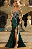 Vestido longo de baile de finalistas com espartilho de sereia verde escuro e strass