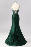 Vestido longo de baile de finalistas com espartilho de sereia verde escuro e strass