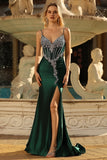 Vestido longo de baile de finalistas com espartilho de sereia verde escuro e strass