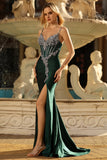 Vestido longo de baile de finalistas com espartilho de sereia verde escuro e strass