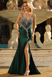 Vestido longo de baile de finalistas com espartilho de sereia verde escuro e strass