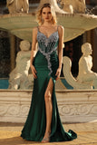Vestido longo de baile de finalistas com espartilho de sereia verde escuro e strass