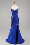 Vestido de baile de finalista com alças finas com alças finas em forma de sereia azul real com alças finas