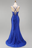 Vestido de baile de finalista com alças finas com alças finas em forma de sereia azul real com alças finas