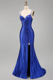 Vestido de baile de finalista com alças finas com alças finas em forma de sereia azul real com alças finas