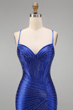 Vestido de baile de finalista com alças finas com alças finas em forma de sereia azul real com alças finas