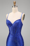 Vestido de baile de finalista com alças finas com alças finas em forma de sereia azul real com alças finas