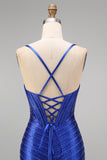 Vestido de baile de finalista com alças finas com alças finas em forma de sereia azul real com alças finas