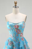 Corset amarelo sem alças A-line Corpete floral longo vestido de baile com saia de chiffon com folhos