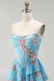 Corset amarelo sem alças A-line Corpete floral longo vestido de baile com saia de chiffon com folhos