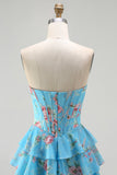 Corset amarelo sem alças A-line Corpete floral longo vestido de baile com saia de chiffon com folhos